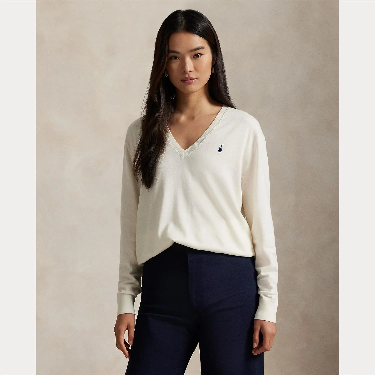 Creme Cotton V-neck Sweater - Image 2