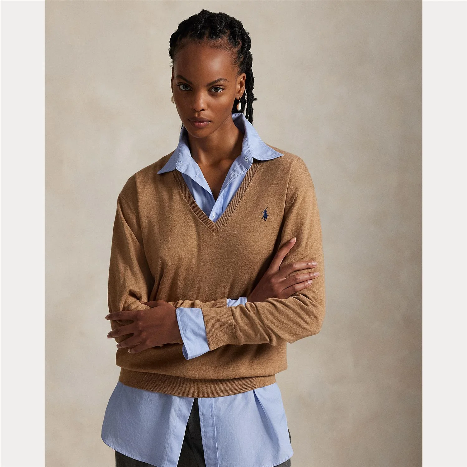 Camel Cotton V-neck Sweater - Image 2