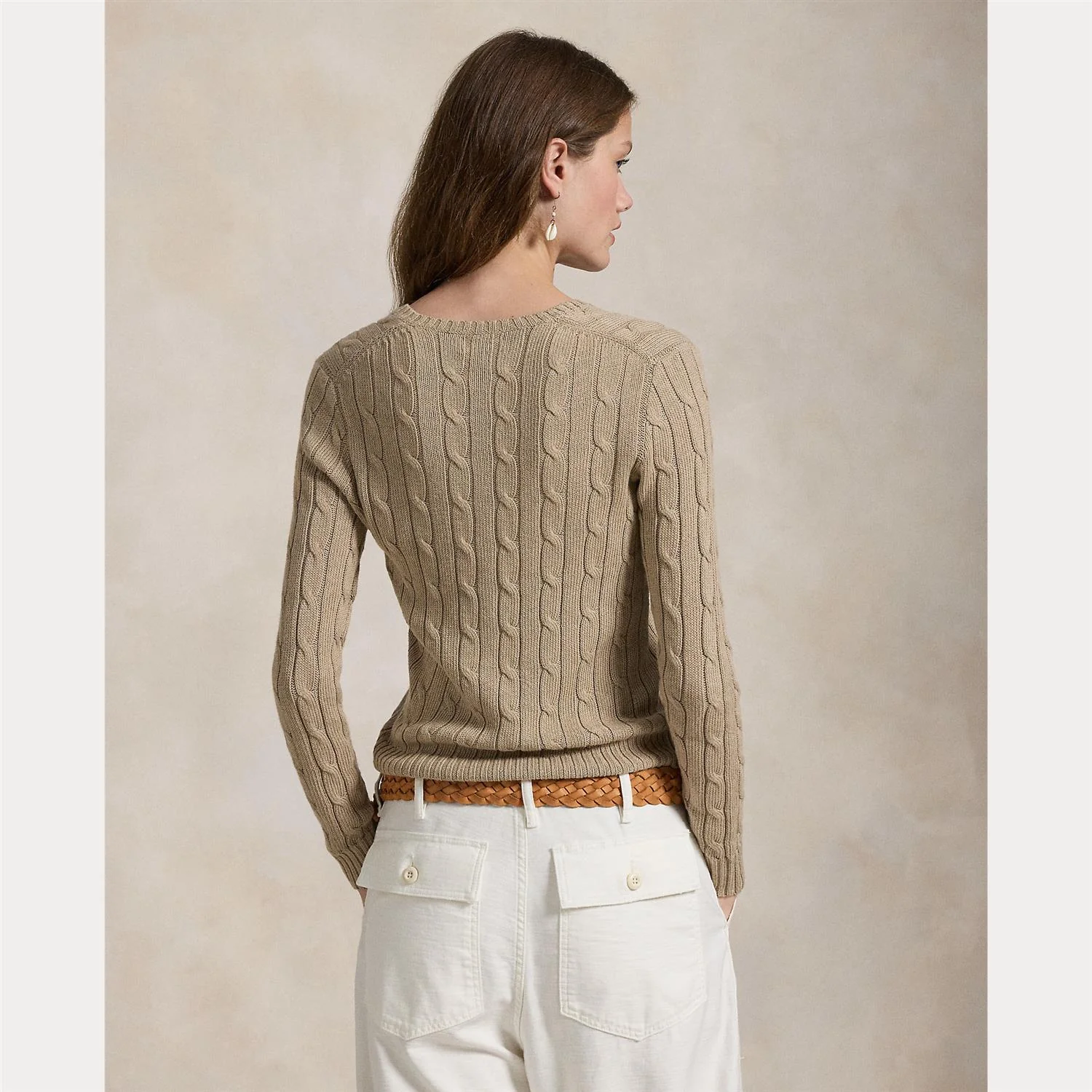 Beige Cable Knit Cotton V-neck Sweater - Image 4
