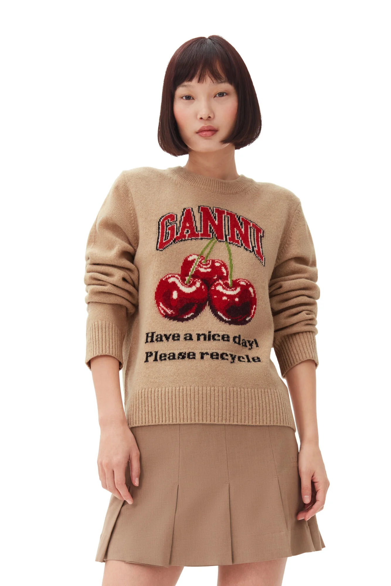 Beige Grapic Wool Mix Cherry Crewneck - Image 2