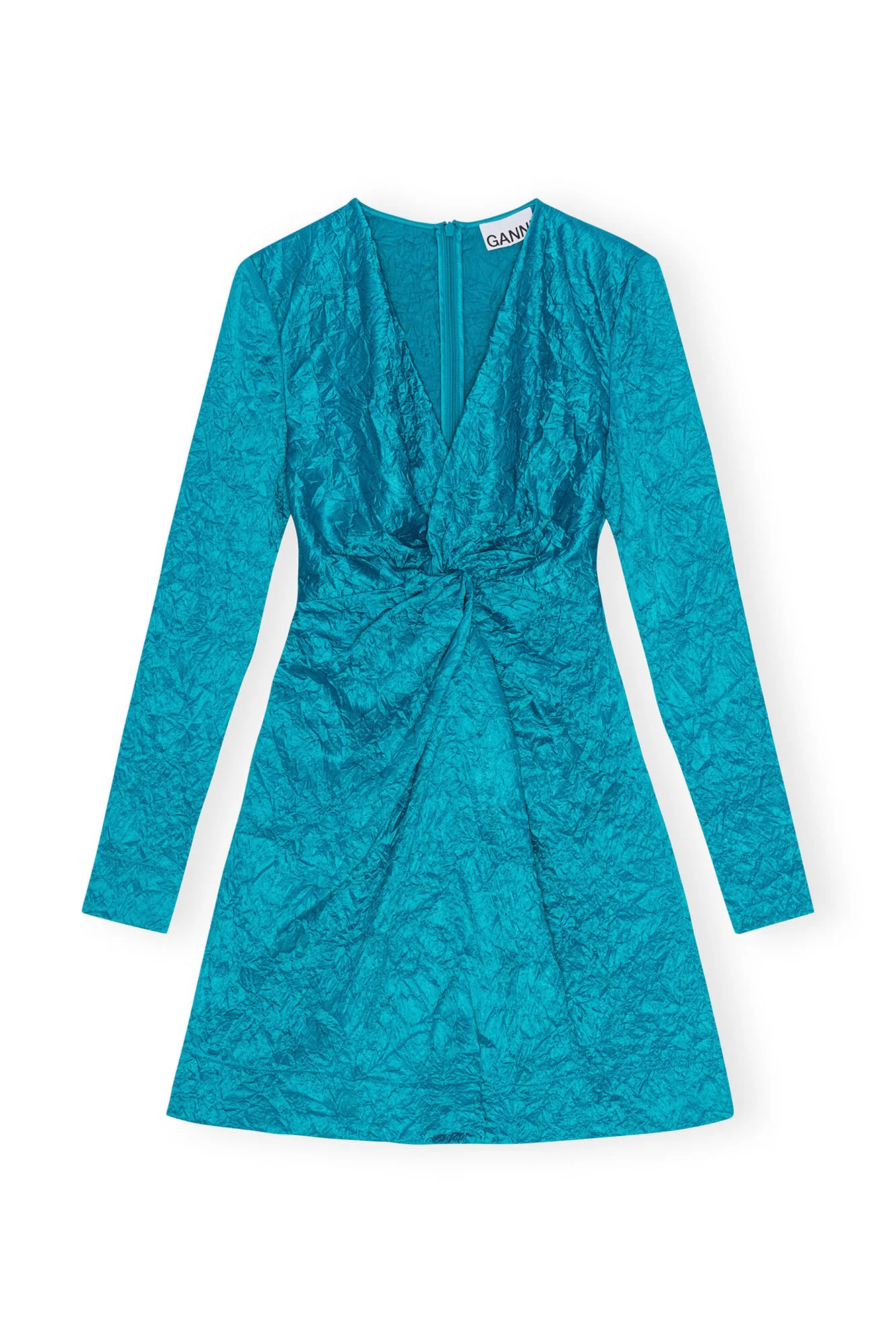 Blå Crinkled Satin Gathered Knot Mini Dress