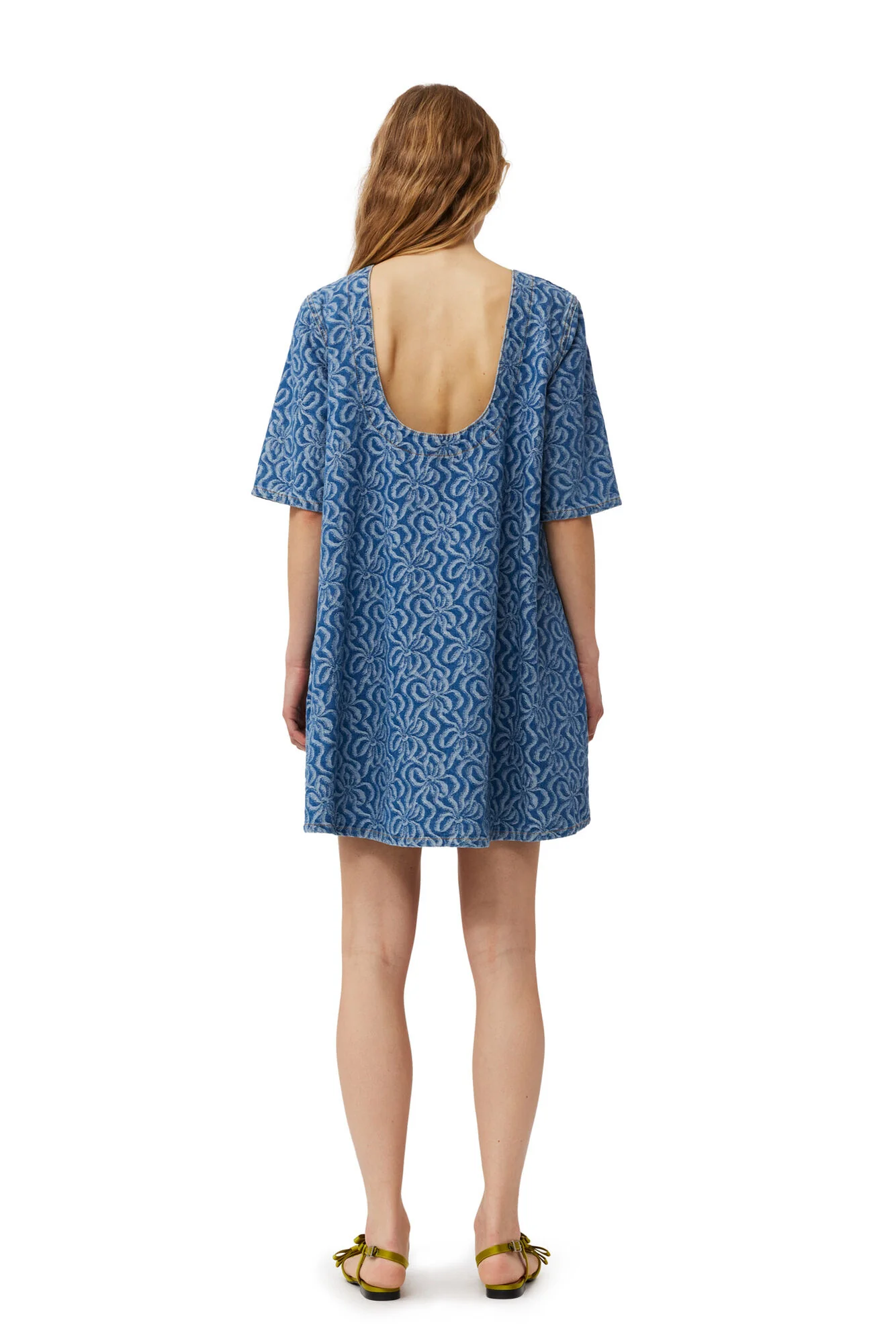 Blå Jacquard Denim A-line Mini Dress - Image 4