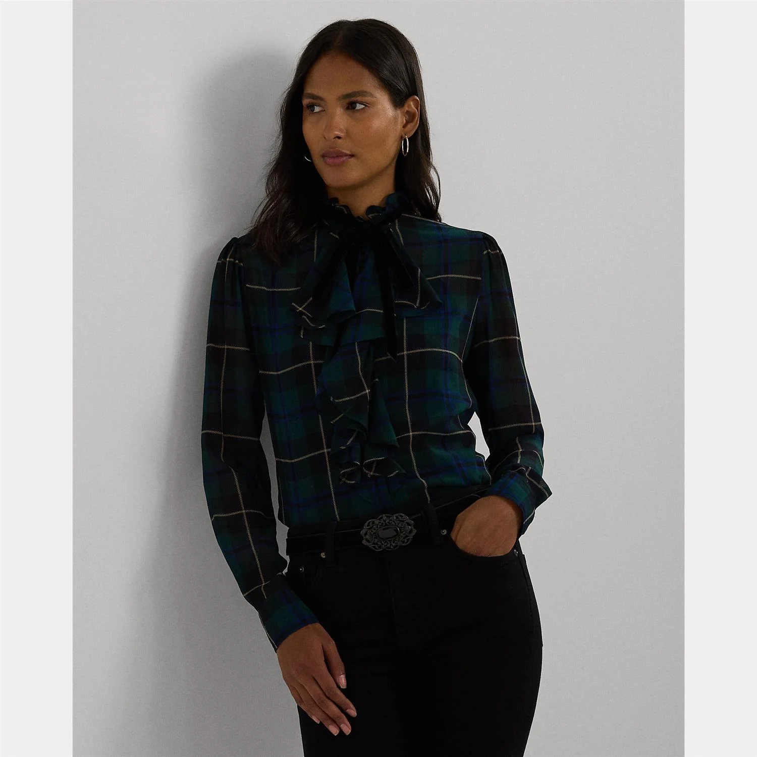 Blå/sort/grønn Plaid Ruffle Georgette Blouse - Image 2