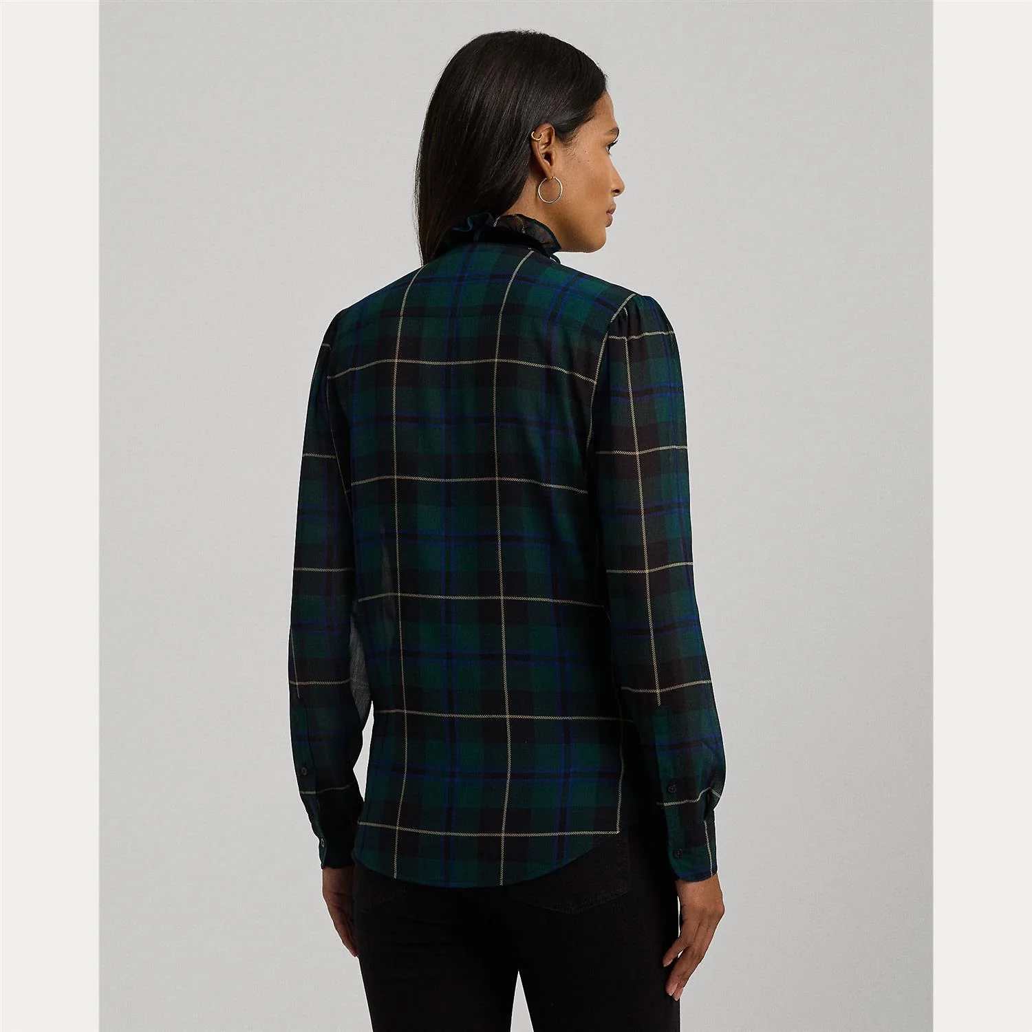 Blå/sort/grønn Plaid Ruffle Georgette Blouse - Image 4