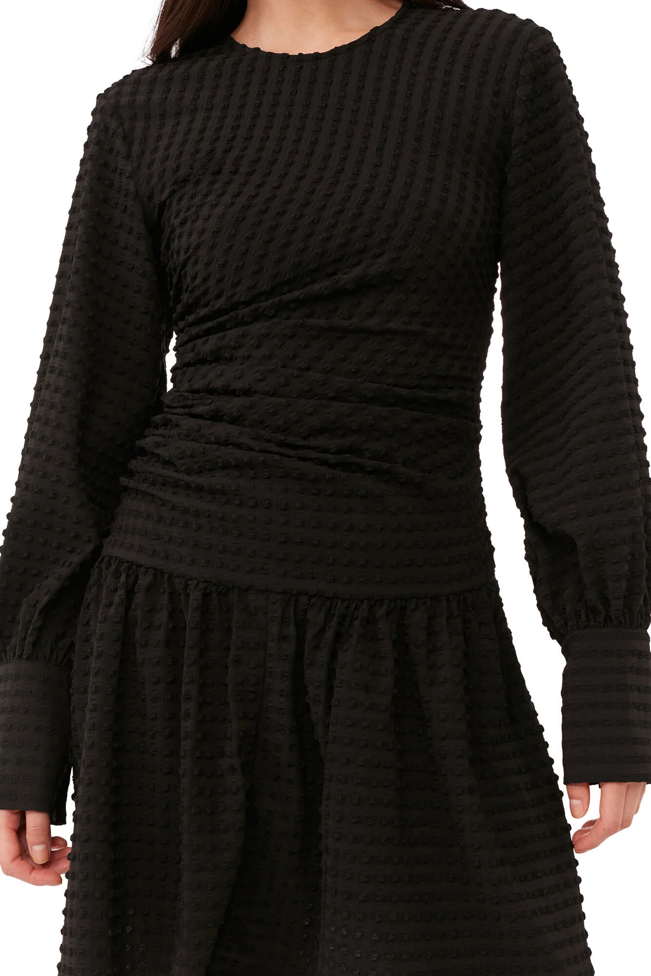 Black Stretch Seersucker Gathered Mini Dress - Image 2