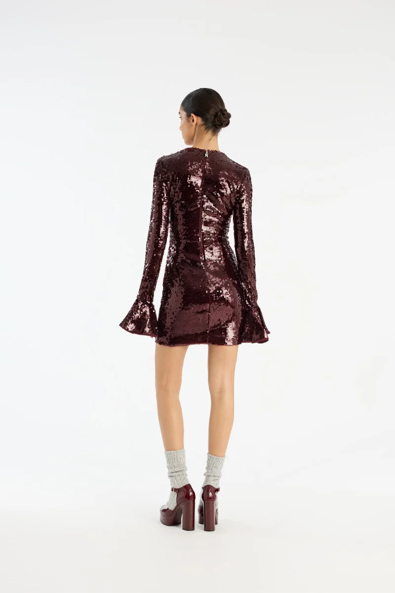 Burgunder Sequins LS Mini Dress - Image 3