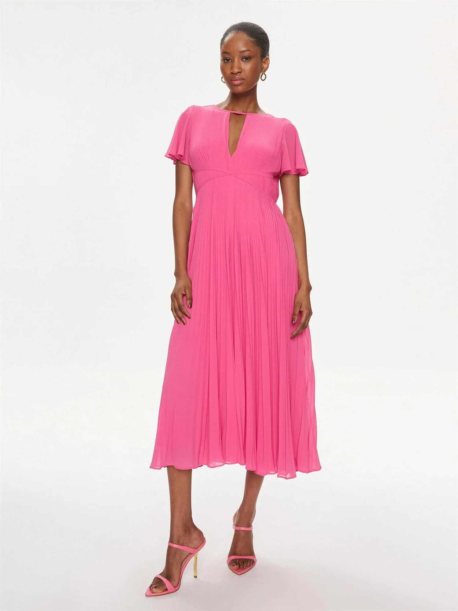 Cerise Pleated V-Neck Midi Dress