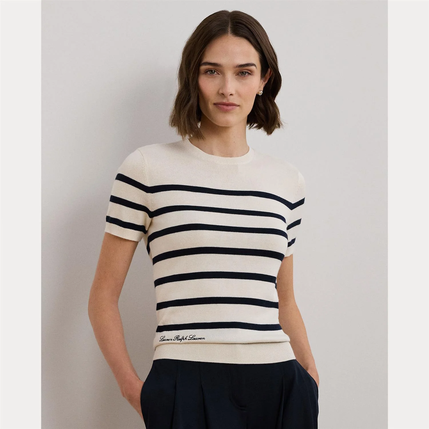 Cream/Navy Striped Short Sleeve Serater - Image 2