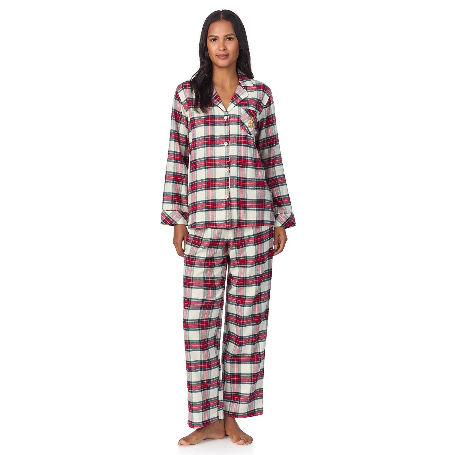 Cream RLR Notch collar long pant pj set