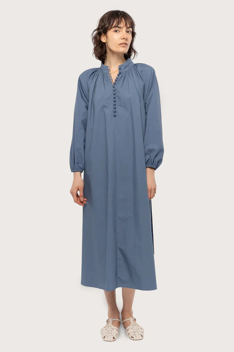 Dark French Blue Poplin Bohemian Wide Dress - Image 3