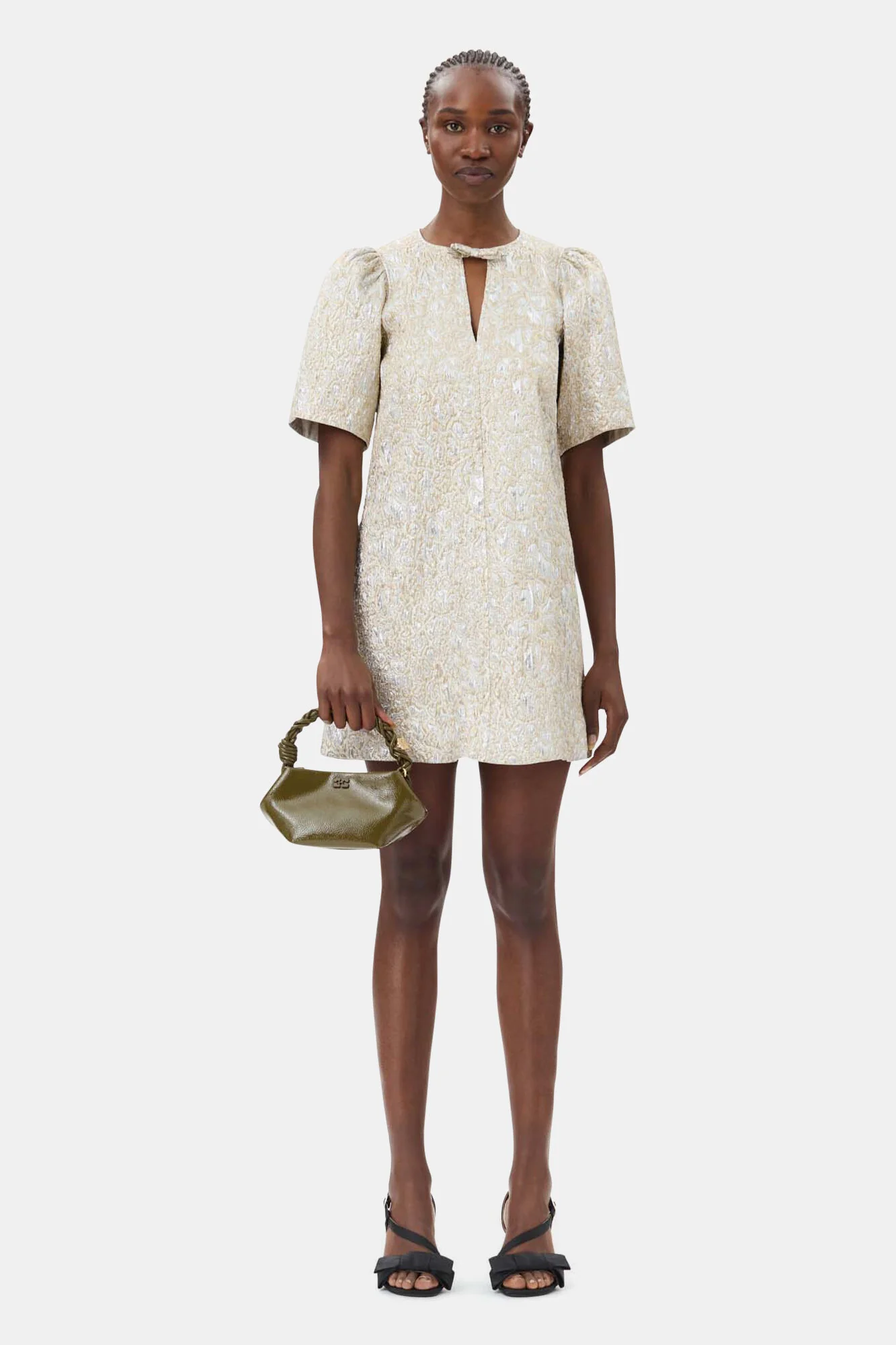 GUll/Sølv Metallic Cloque A-shaped Mini Dress - Image 2
