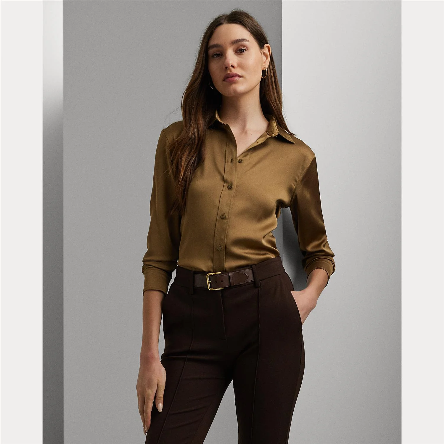 Honey Tan Classic fit satin charmeuse shirt - Image 2
