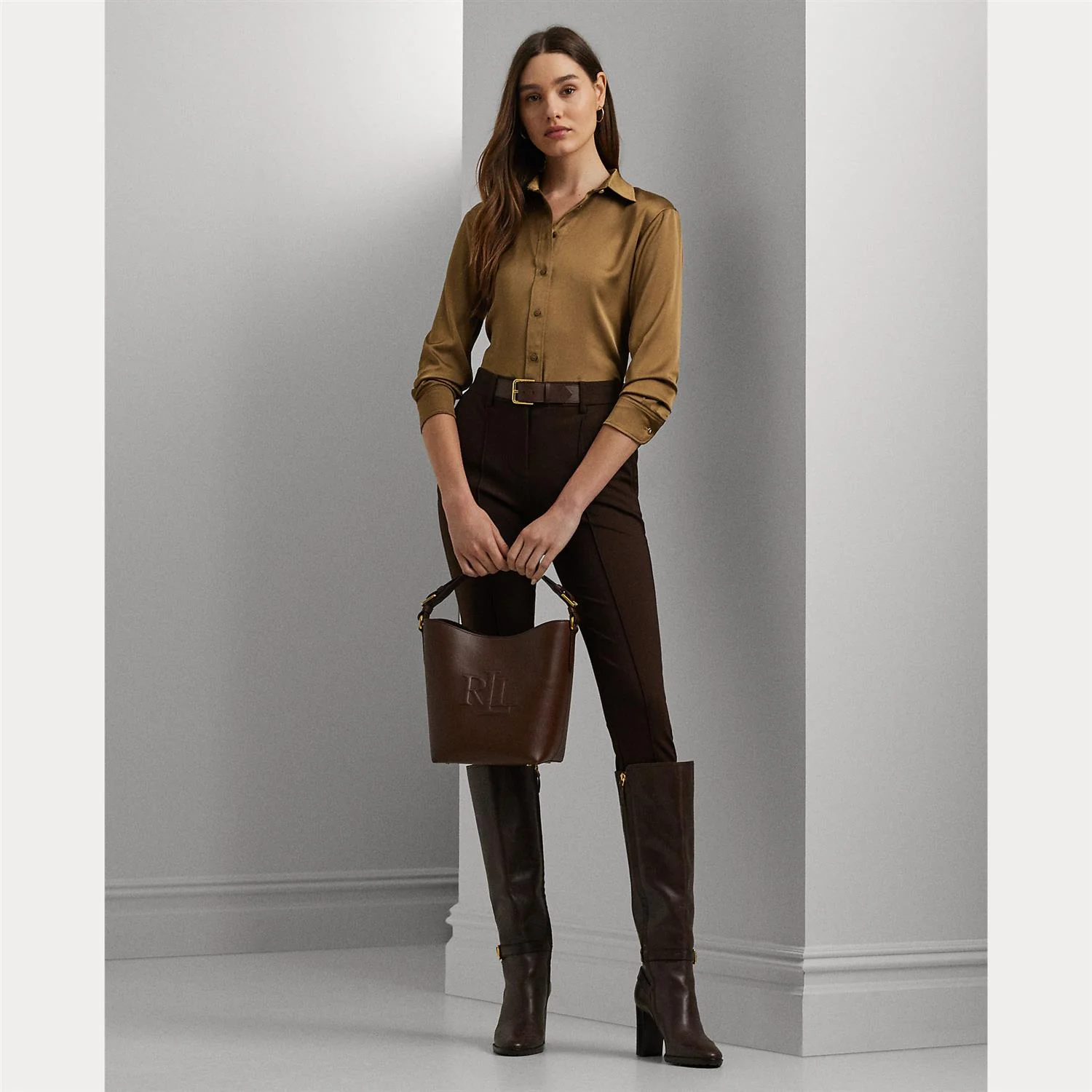 Honey Tan Classic fit satin charmeuse shirt - Image 3