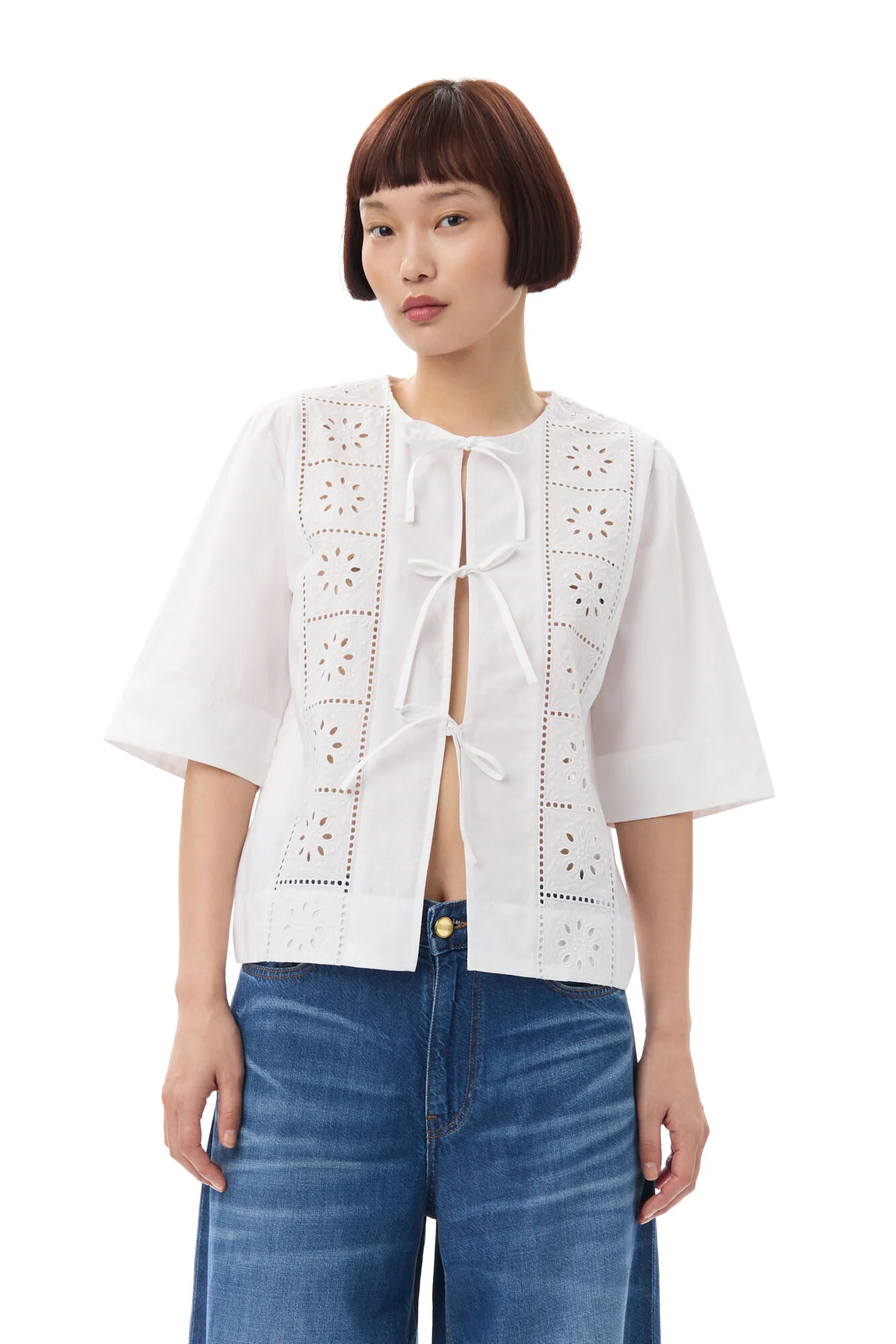 Hvit Broderie Anglaise Tie Blouse - Image 3
