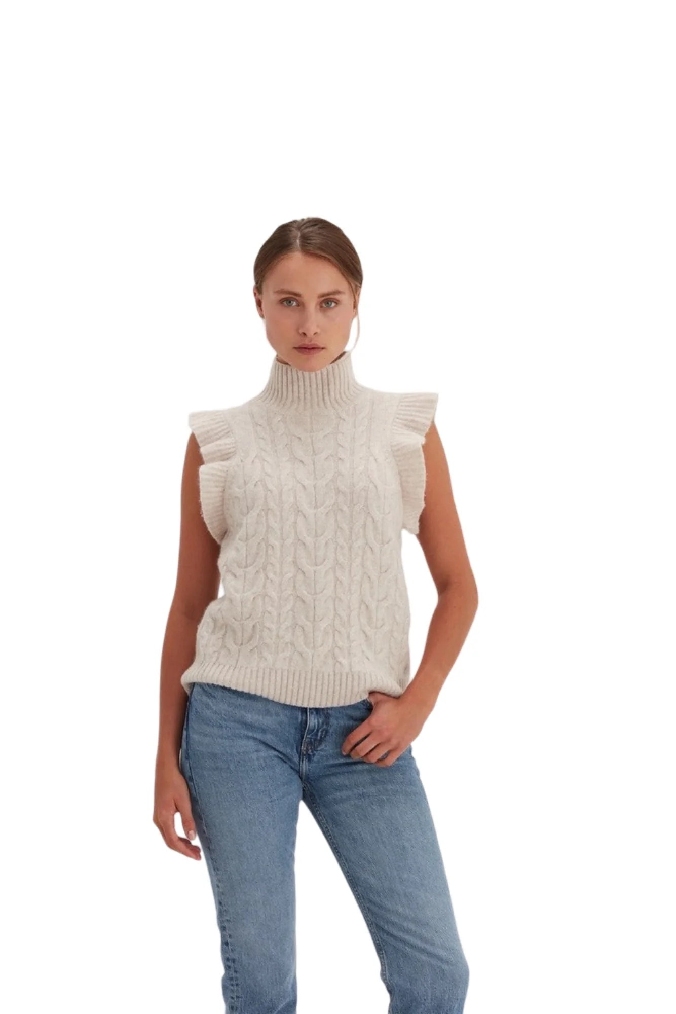 Lys Beige Roll Neck Cabel Vest