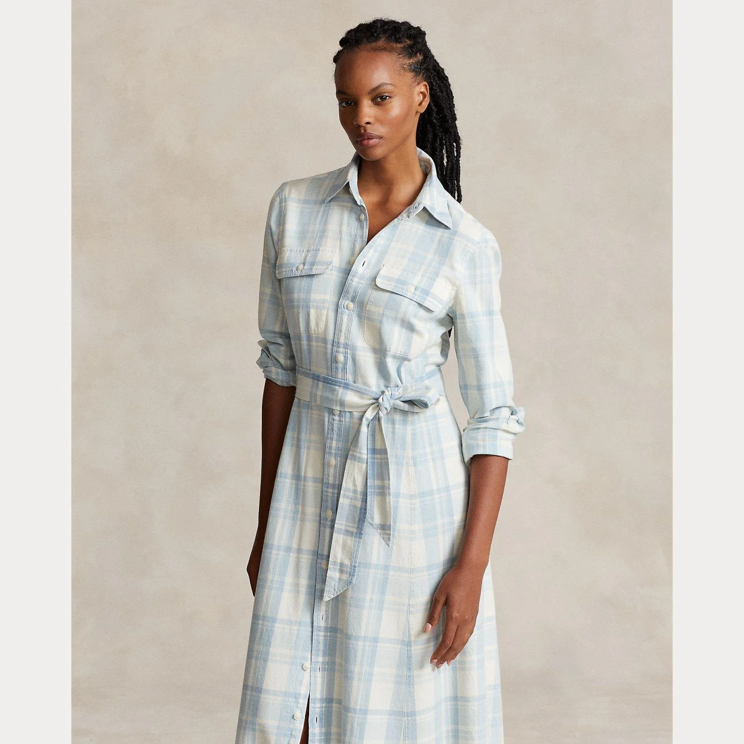 Lyseblå Plaid Belted Cotton Twill Shirt dress - Image 3