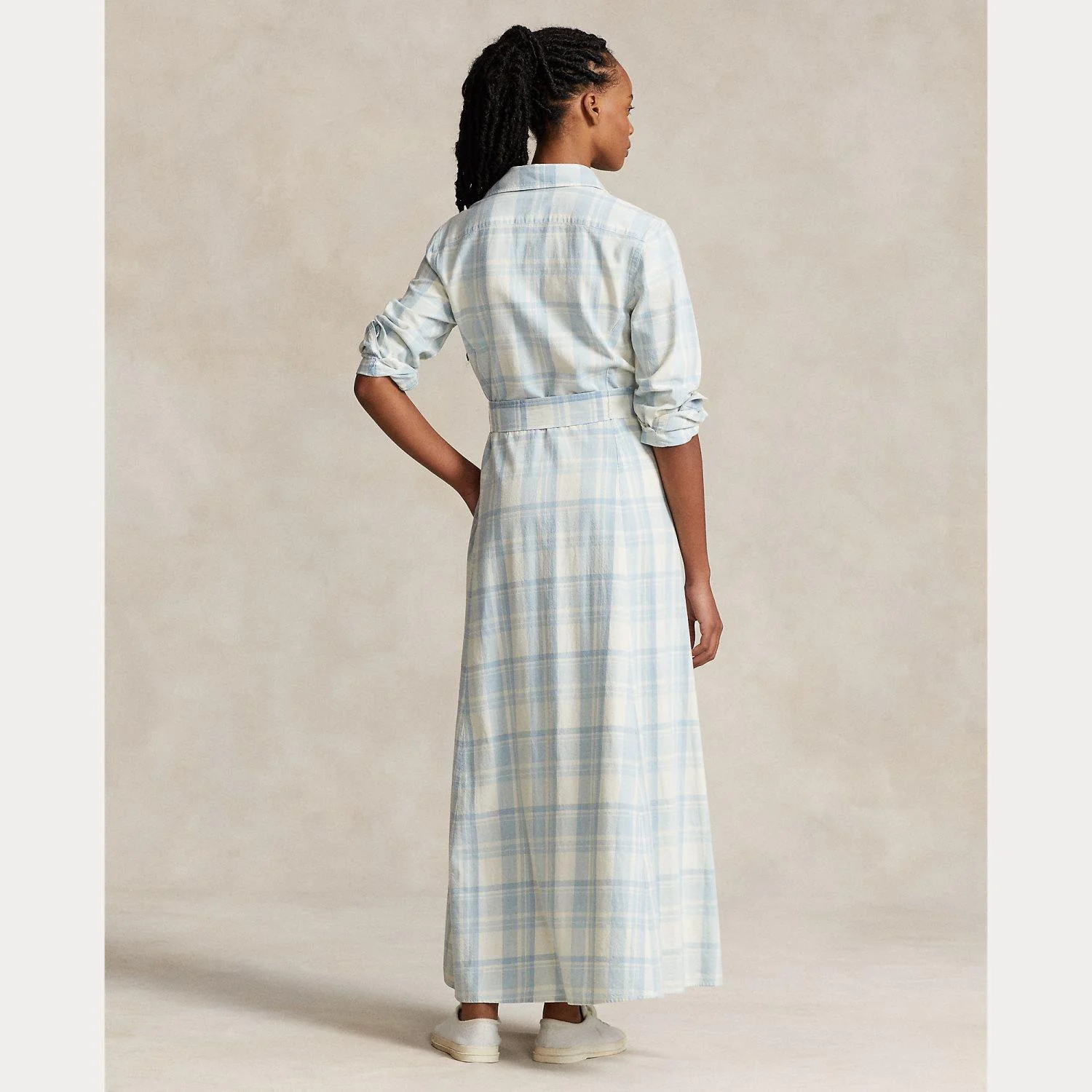 Lyseblå Plaid Belted Cotton Twill Shirt dress - Image 4