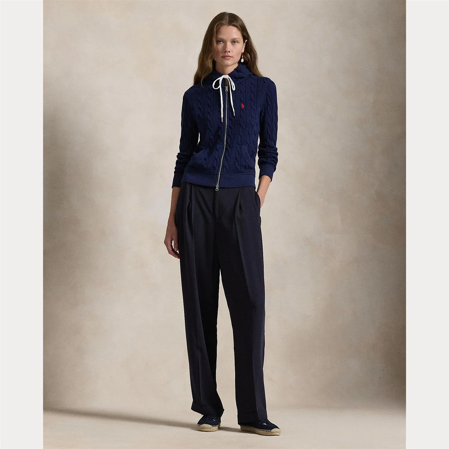 Marineblå Cable Knit Full Zip Hoodie - Image 3