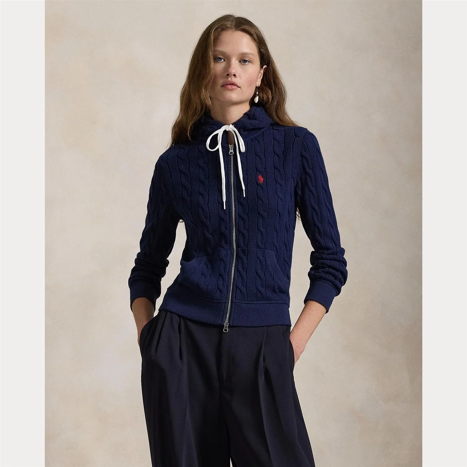 Marineblå Cable Knit Full Zip Hoodie - Image 6