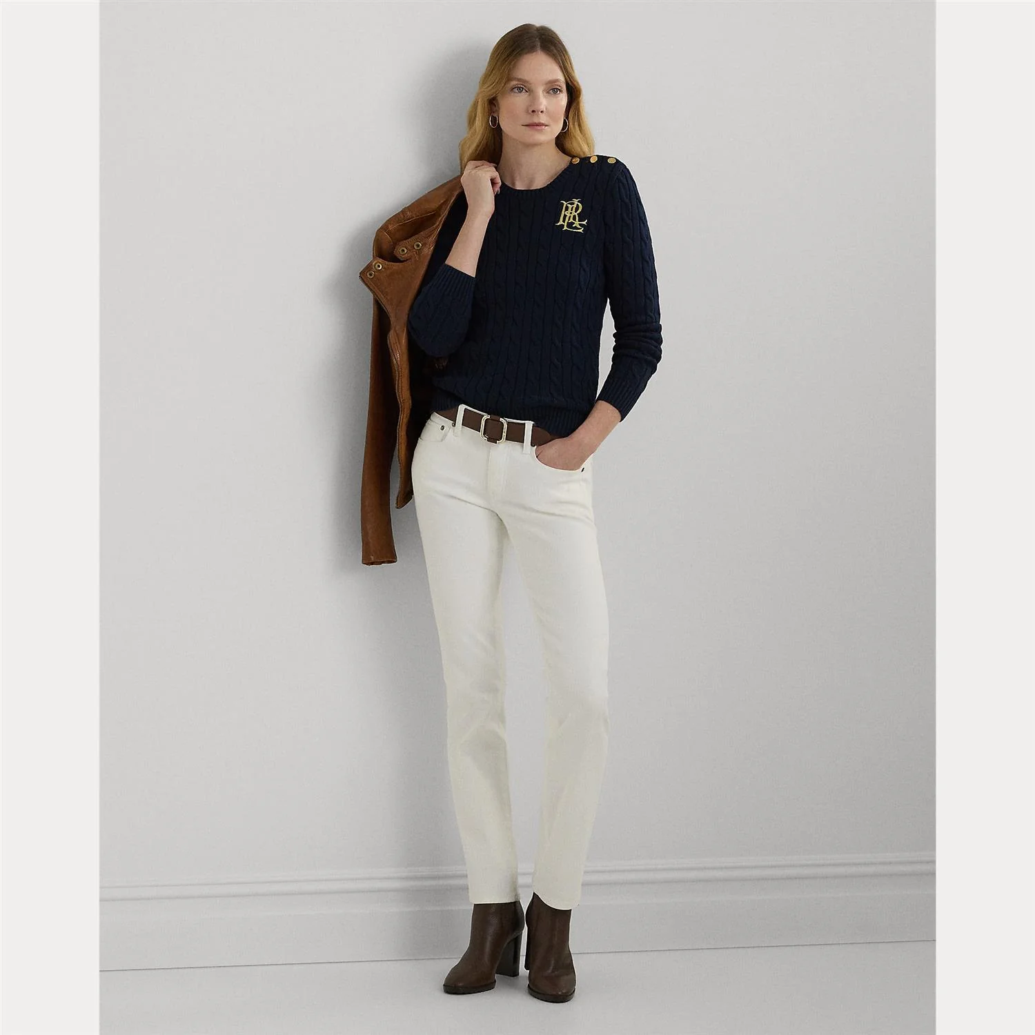 Navy Button Cable Knit Sweater - Image 3