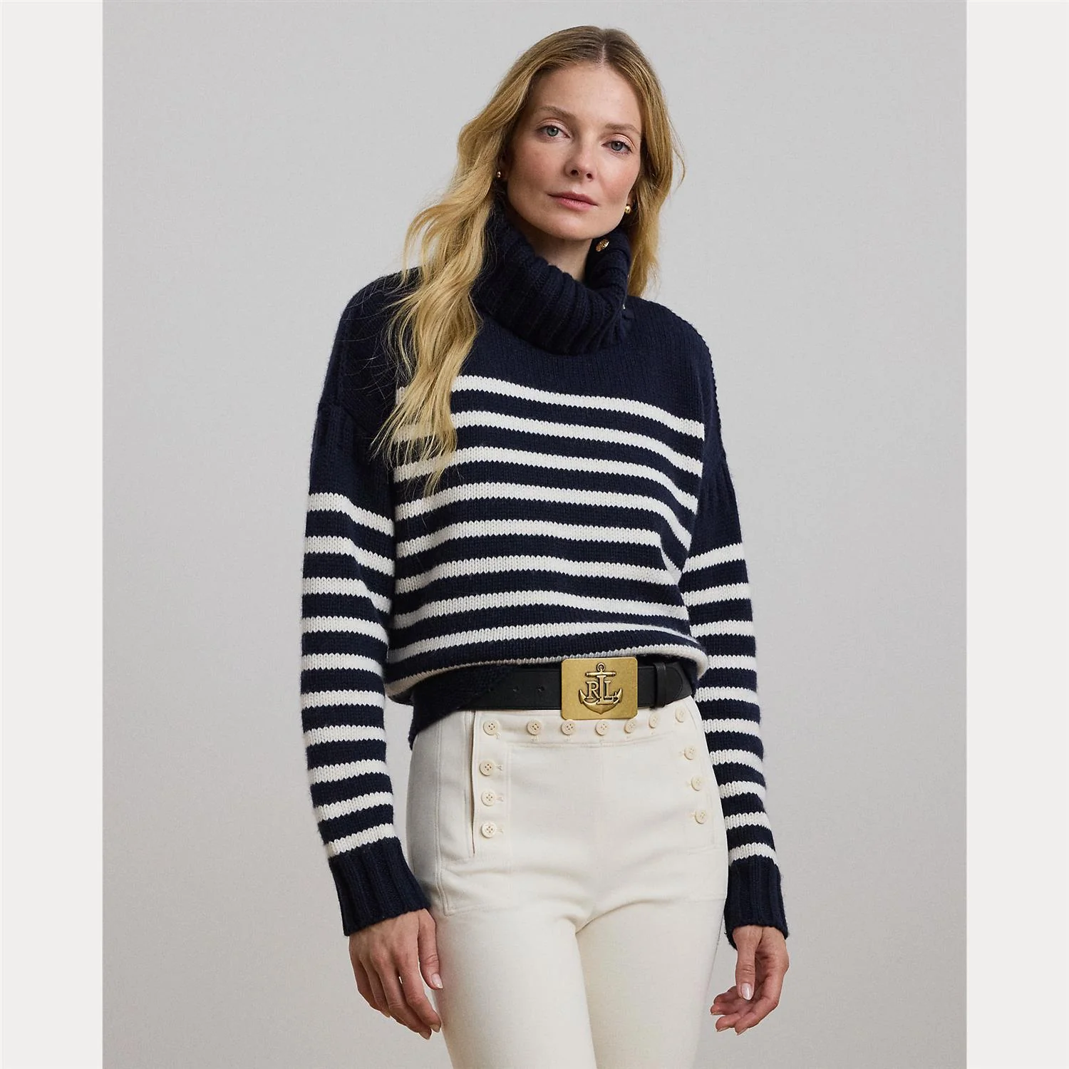 Navy/Cream Wool Blend Turtleneck Sweater - Image 2