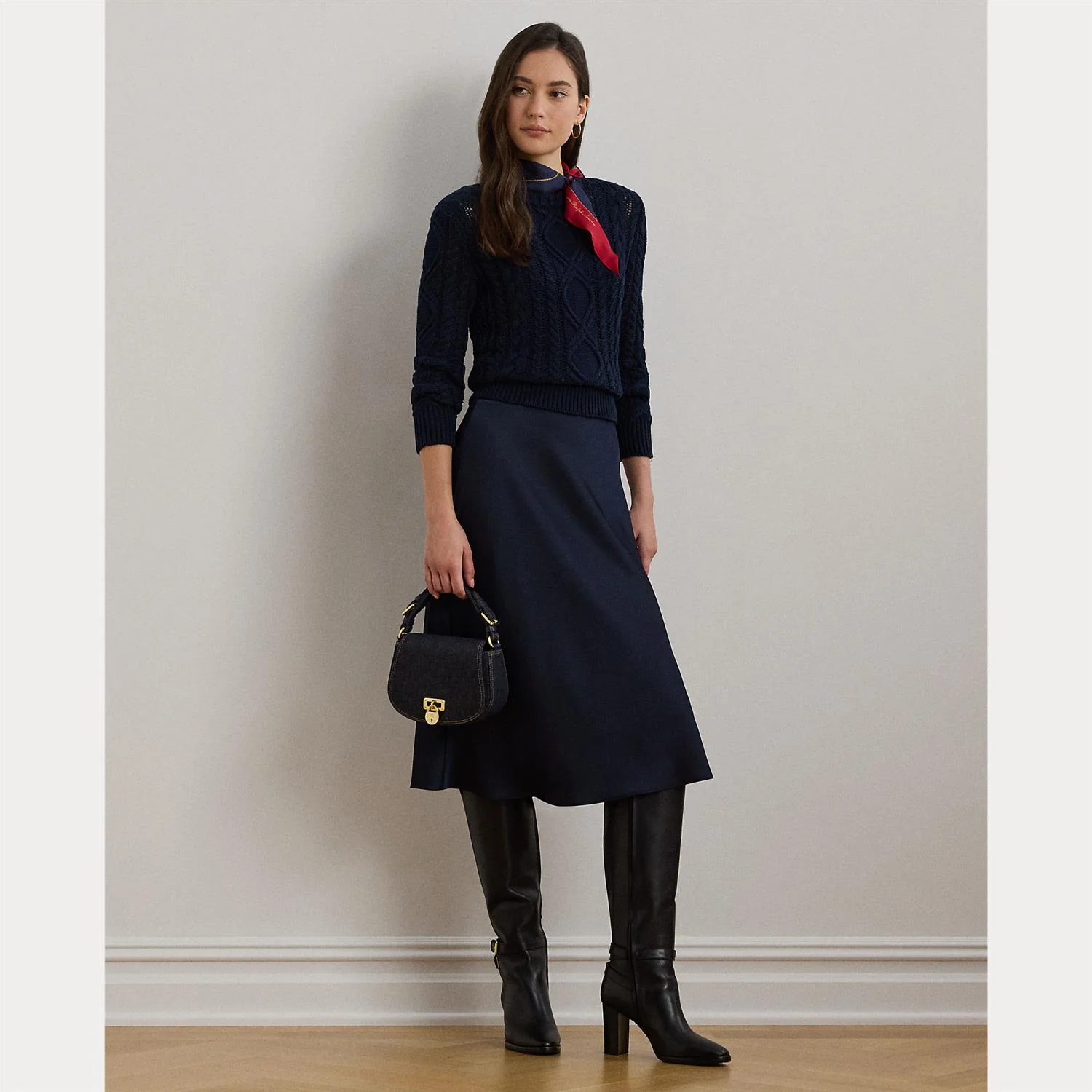 Navy Satin Charmeuse Midi Skirt - Image 2