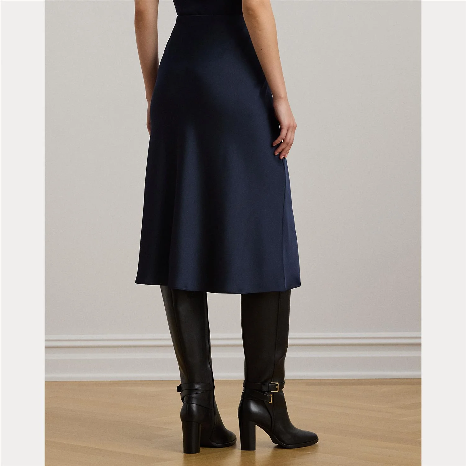 Navy Satin Charmeuse Midi Skirt - Image 4
