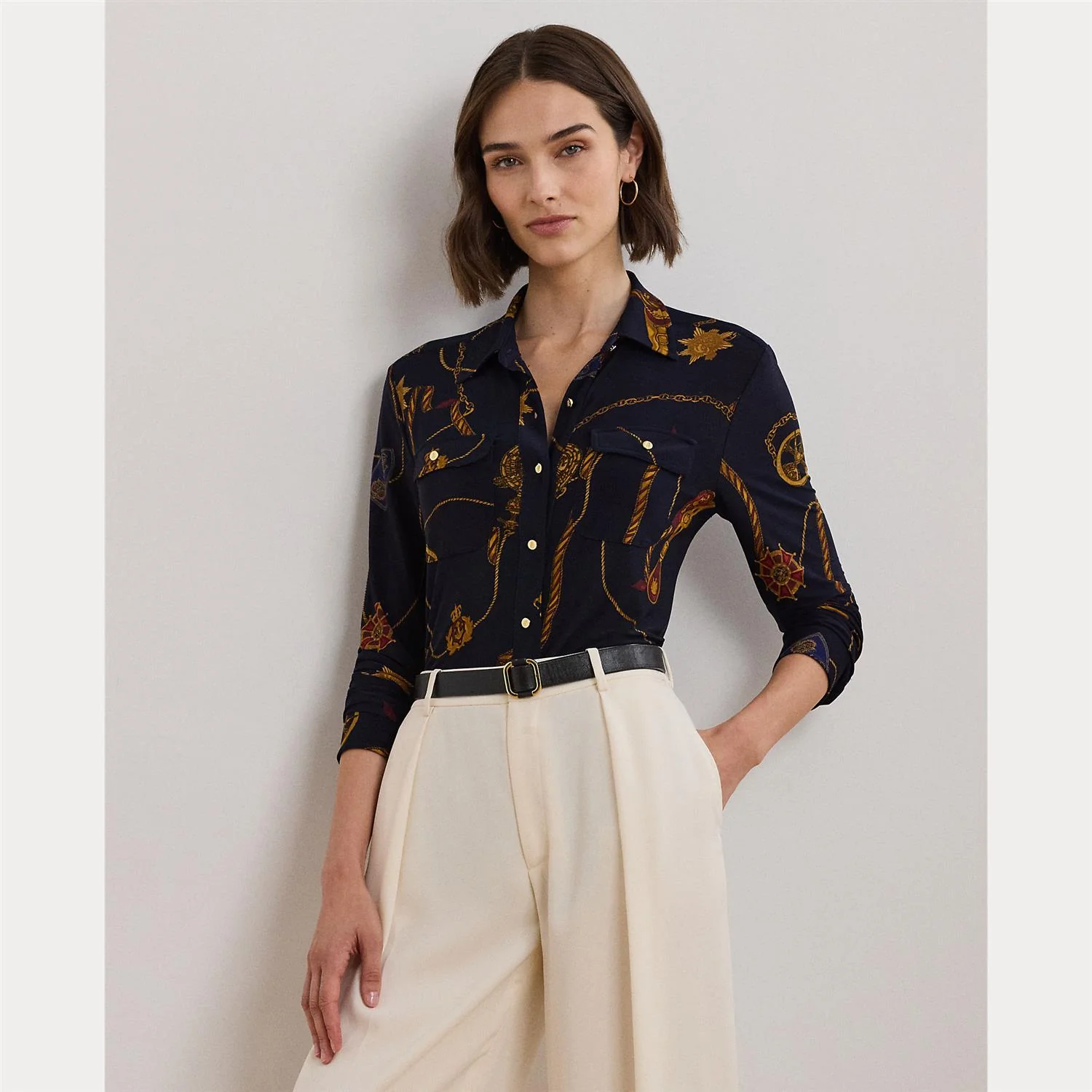 Navy slim Fit Belting-Print Jersey Shirt - Image 3