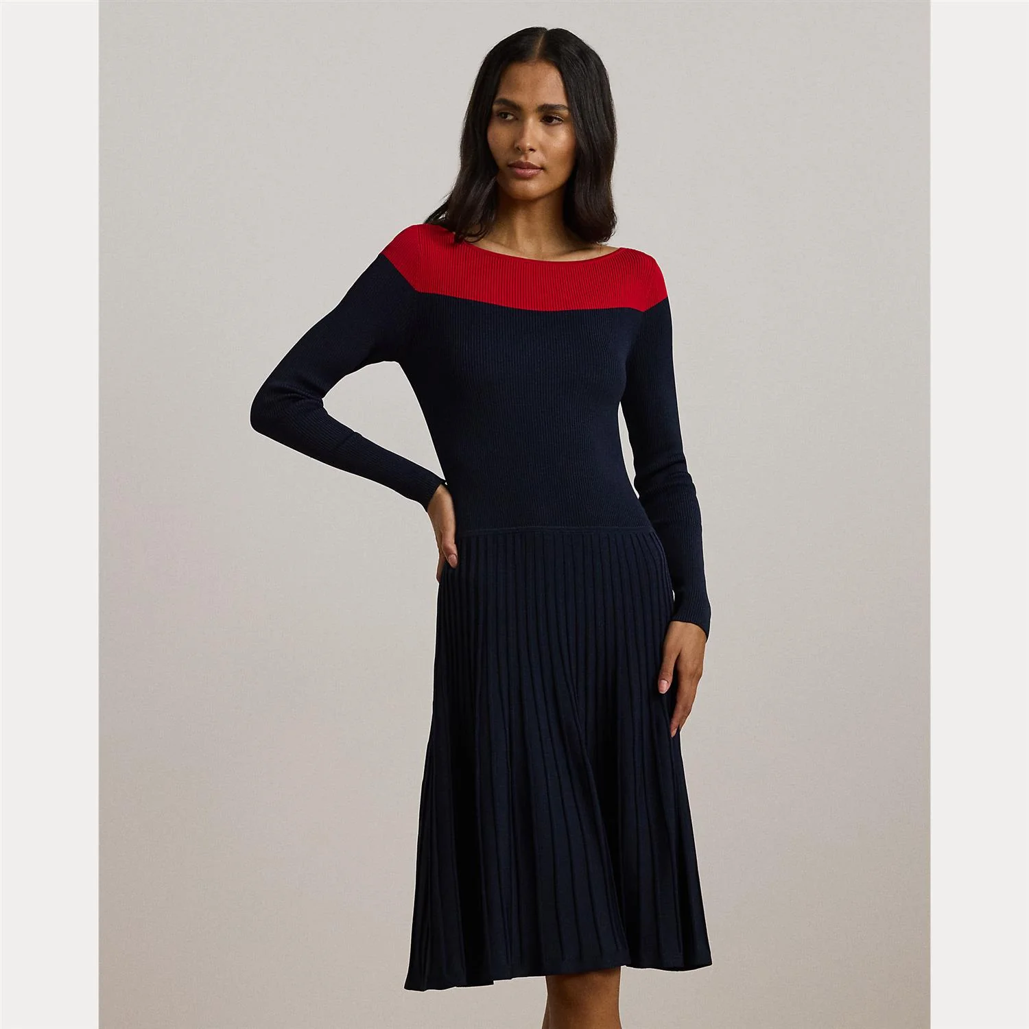 Navy Two-Tone Pointelle Knit Dress - Image 3