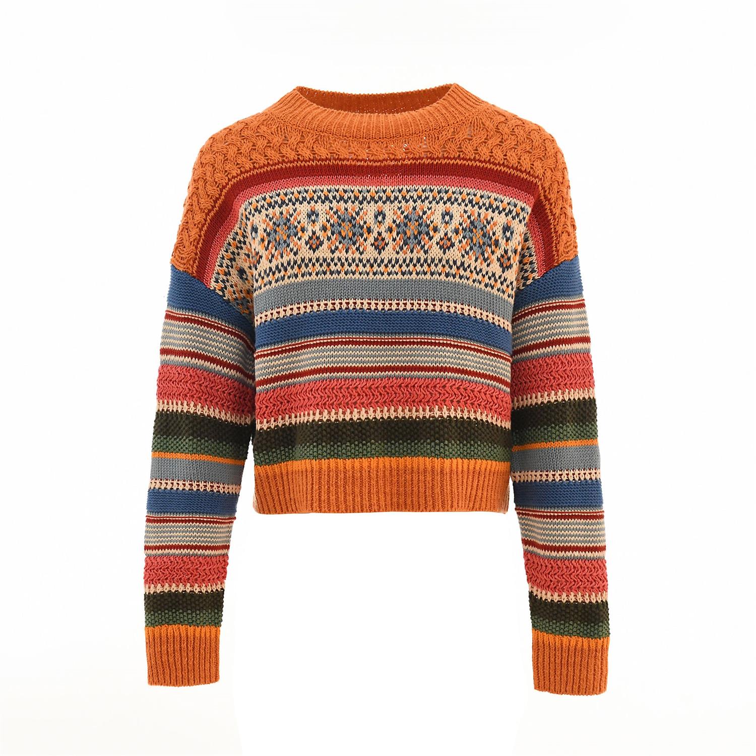 Orange Multi Jaq Strpe Po-Long Slv Pullover