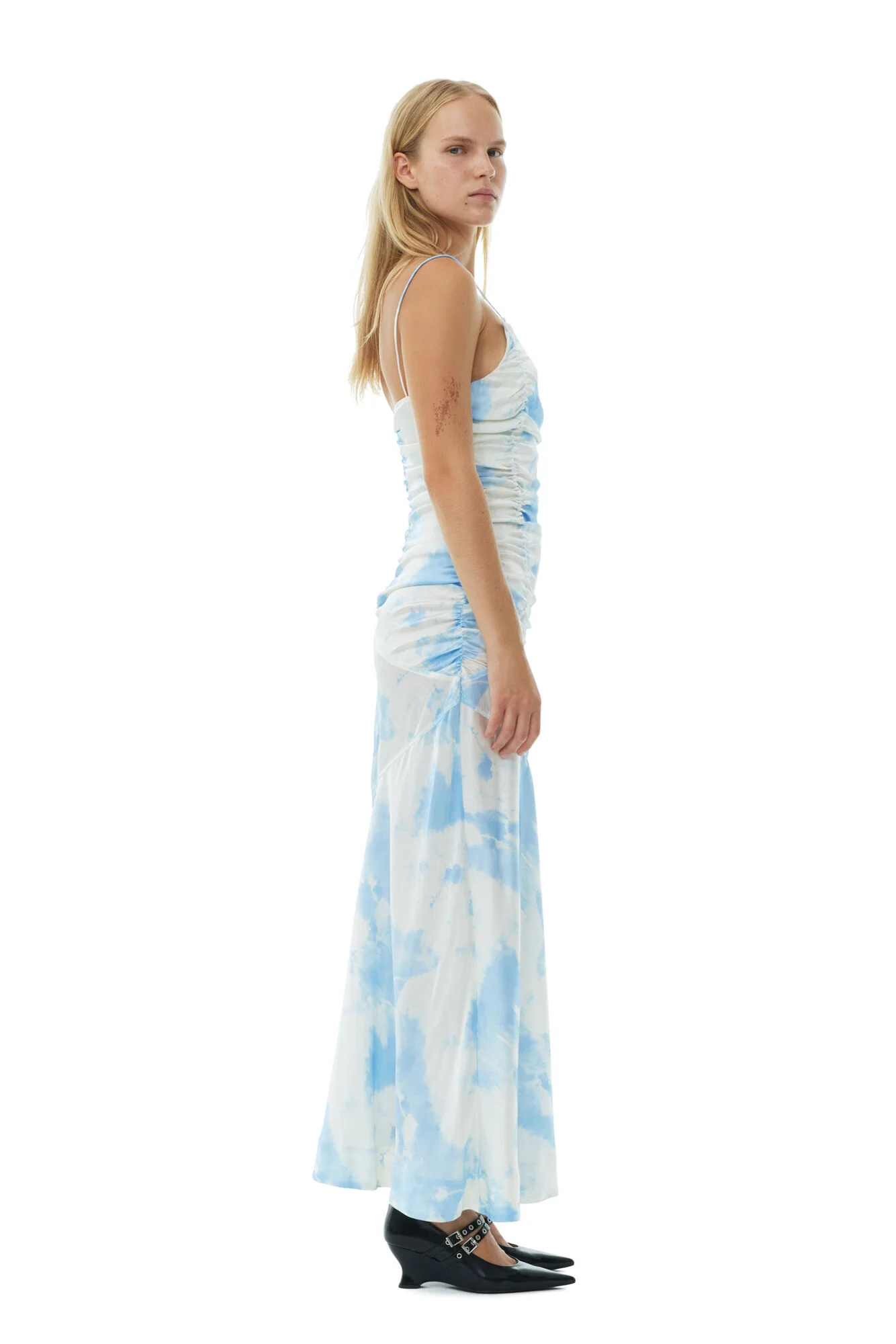 Printed Satin Ruched Long Slip Dress - Image 5