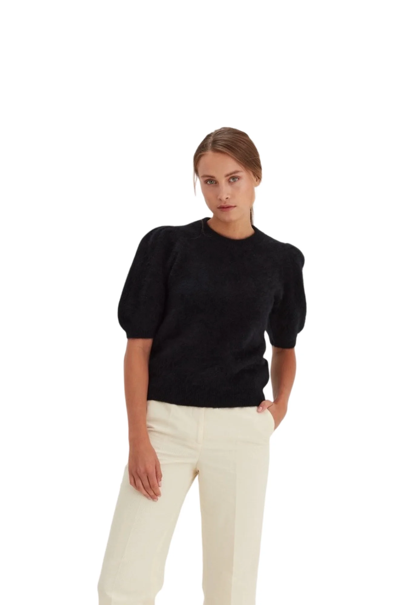 Sort Bruched Puff Sleeve pullover