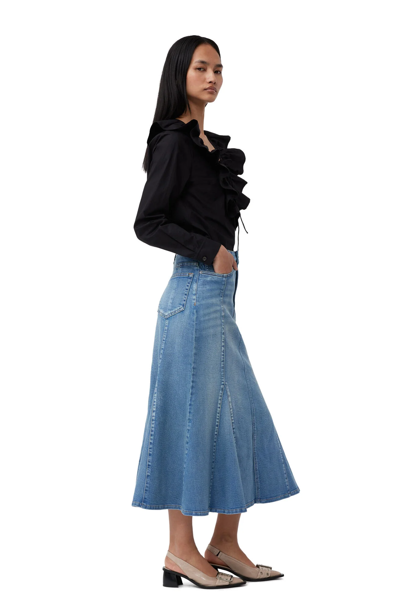 Sort Cotton Poplin Ruffle V-neck blouse - Image 6
